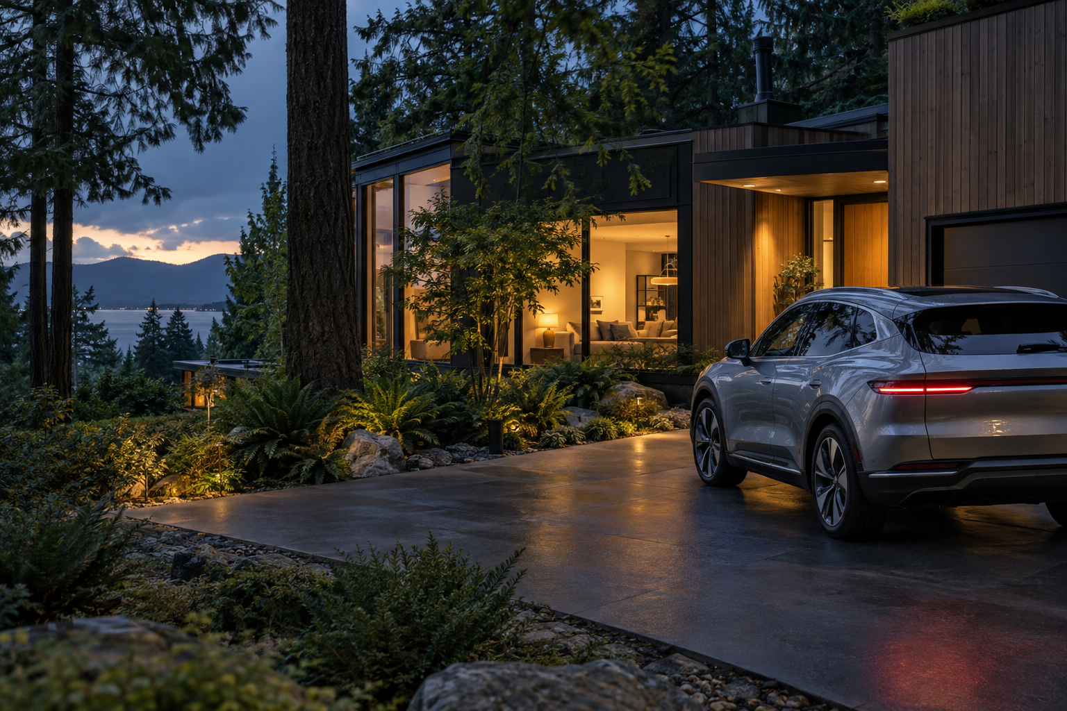 A warmly lit home among trees at dusk, with an electric car waiting in the driveway