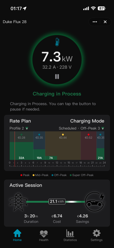 MiniApp live charging screen with rate plan and charging schedule